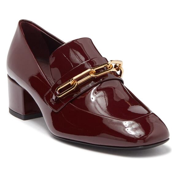 Burberry Burgundy Red Chillcot Chain Patent Leather Block Heel Loafer Pump - Picture 1 of 14